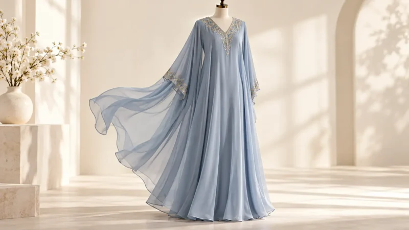 Caftan bleu en mousseline légère avec doublure et broderies discrètes