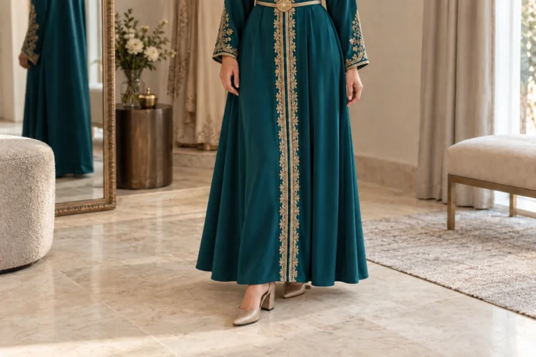 Bas d’un caftan bleu canard porté avec des chaussures à talon, dégagé du sol.