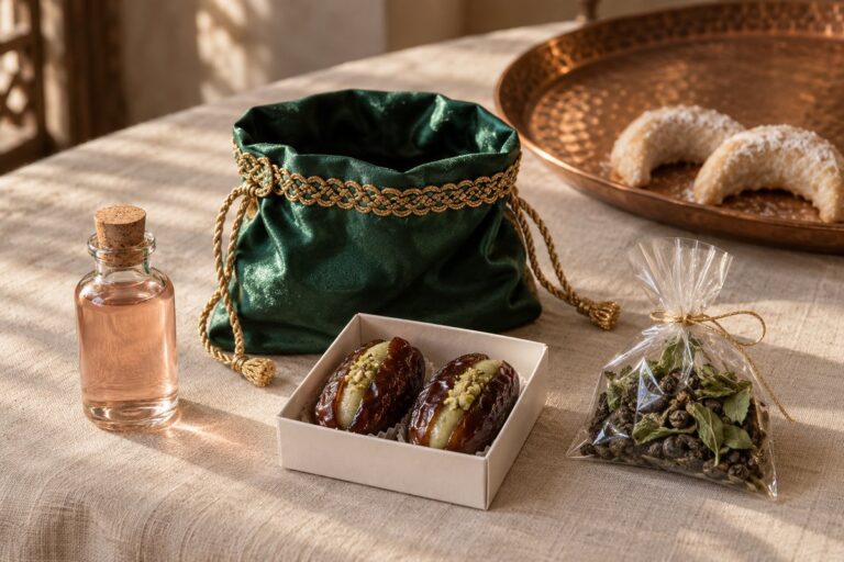 Pochette en tissu vert galonnée d’or avec dattes farcies, thé menthe et eau de rose