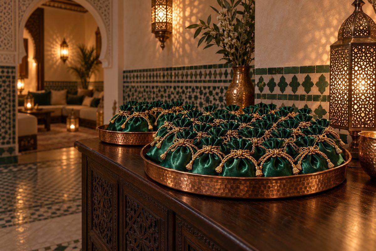 Plateau en cuivre garni de pochettes cadeaux vertes près de la porte d’une salle marocaine
