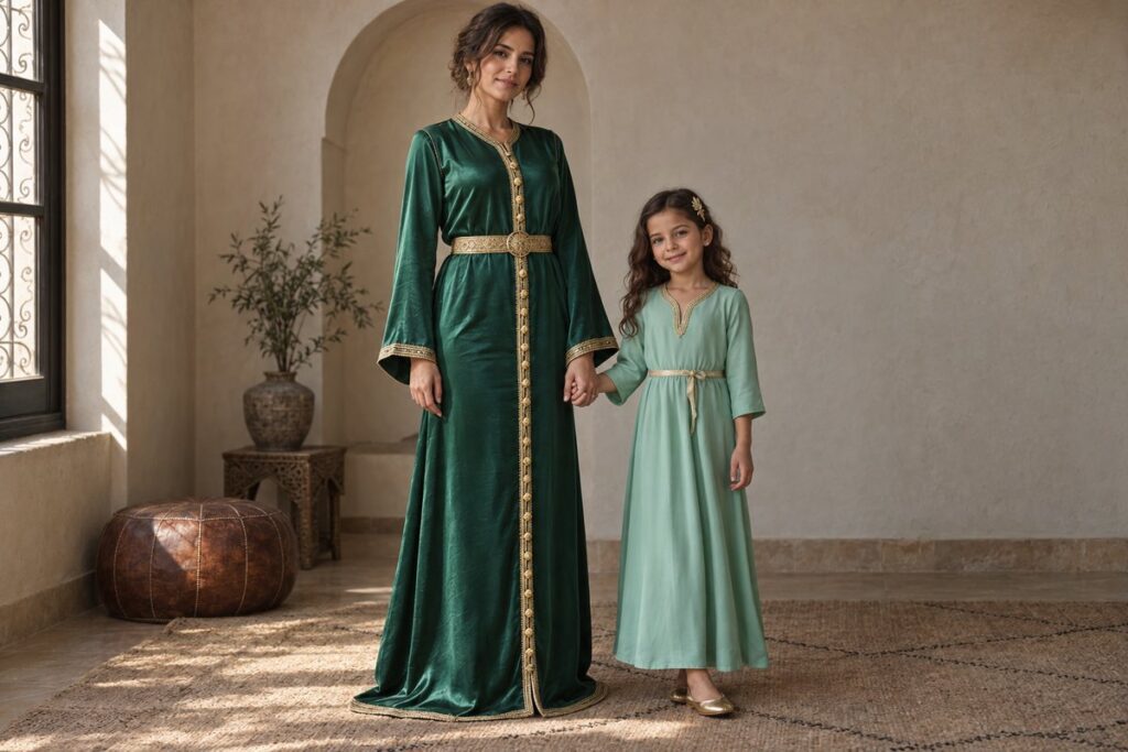 Mère en caftan émeraude et fillette en caftan vert d'eau aux coupes différentes