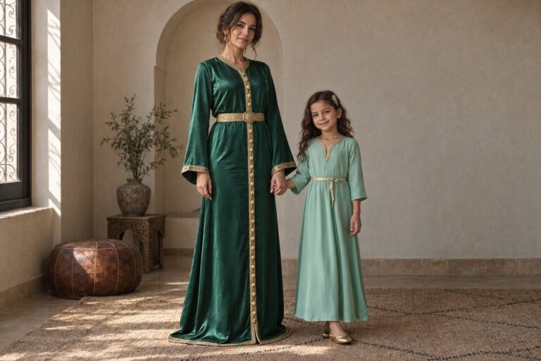 Mère en caftan émeraude et fillette en caftan vert d'eau aux coupes différentes