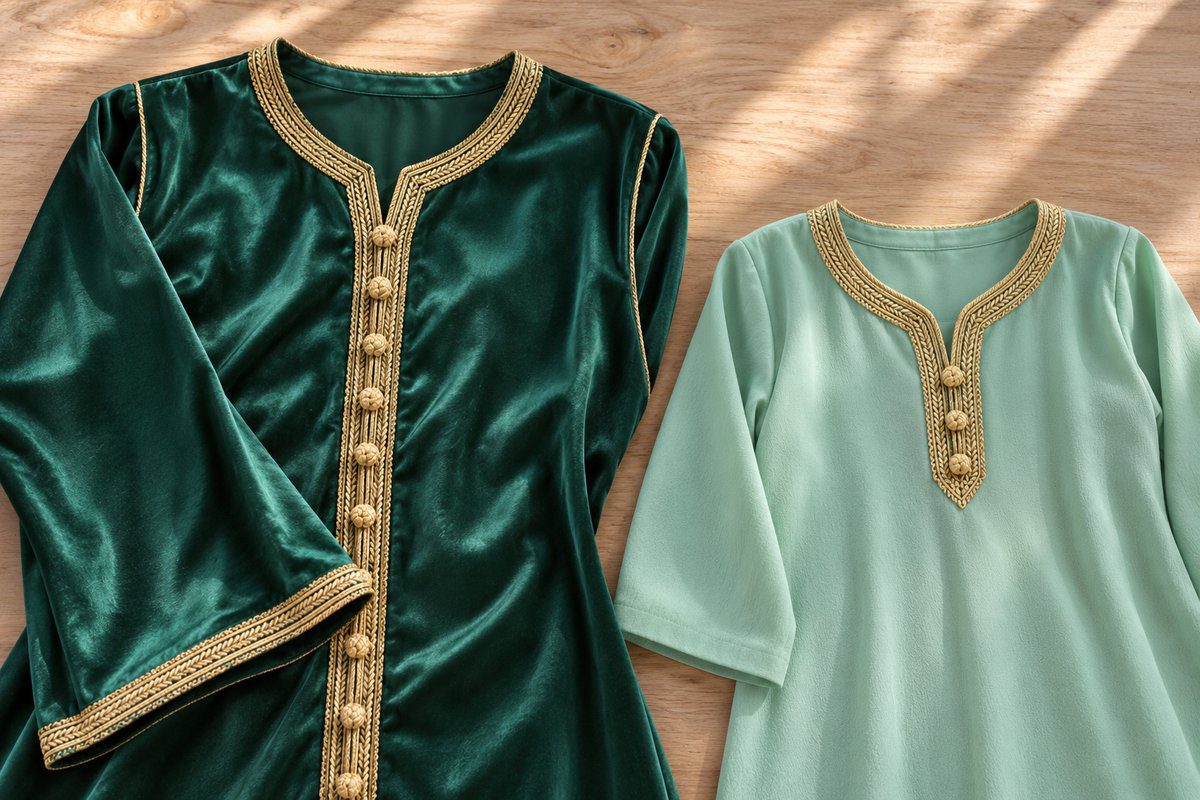 Même galon doré sur un caftan adulte émeraude et un caftan enfant vert d'eau