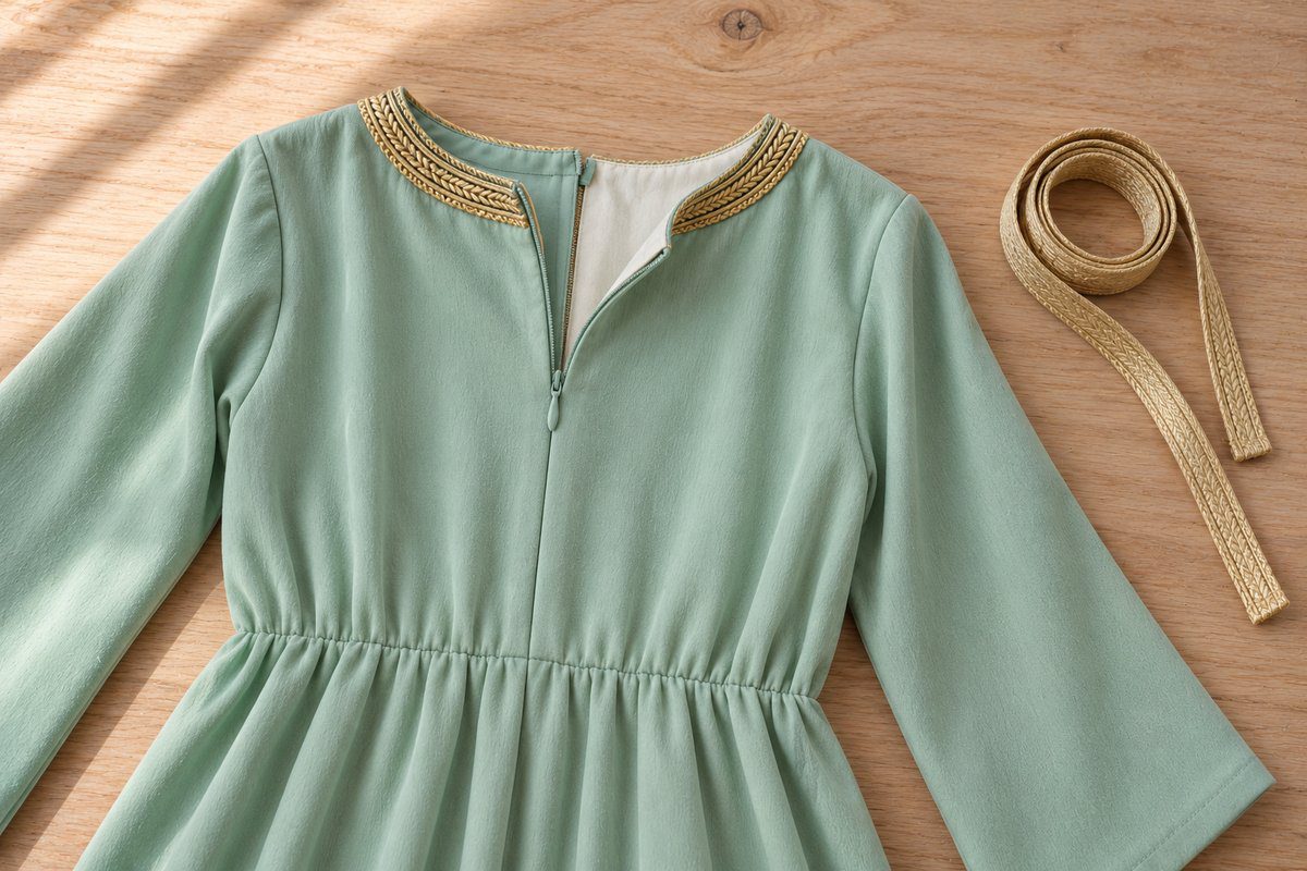 Intérieur d'un caftan enfant vert d'eau avec doublure coton et zip invisible