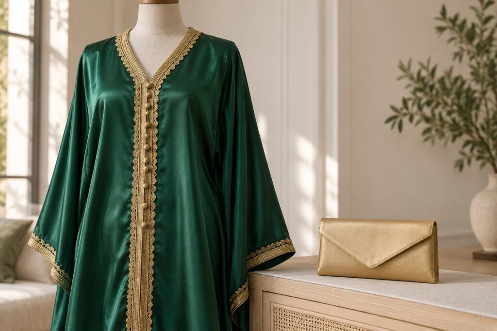 Caftan vert émeraude à sfifa dorée accompagné d'une pochette en satin doré mat
