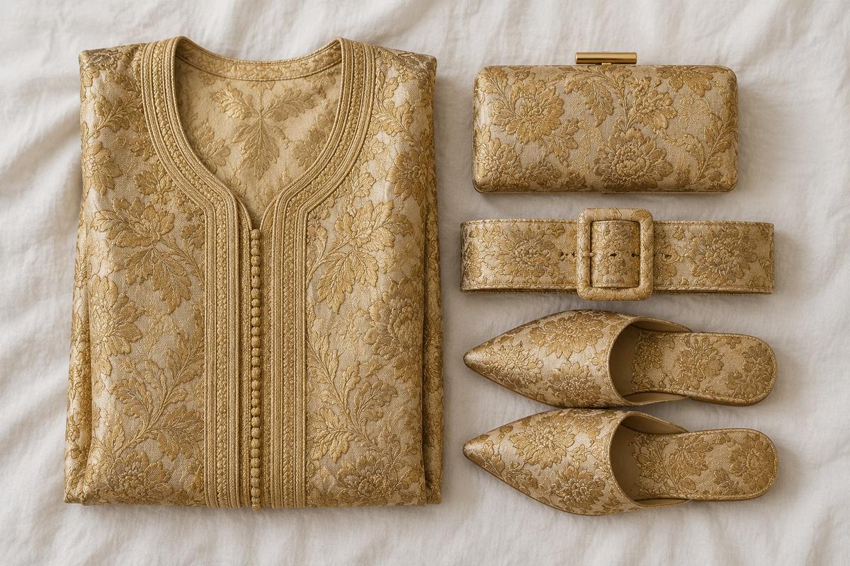 Caftan, pochette, ceinture et babouches taillés dans le même brocart doré identique