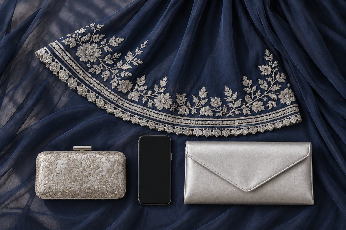 Minaudière, pochette enveloppe et smartphone posés sur la manche évasée d'un caftan bleu nuit