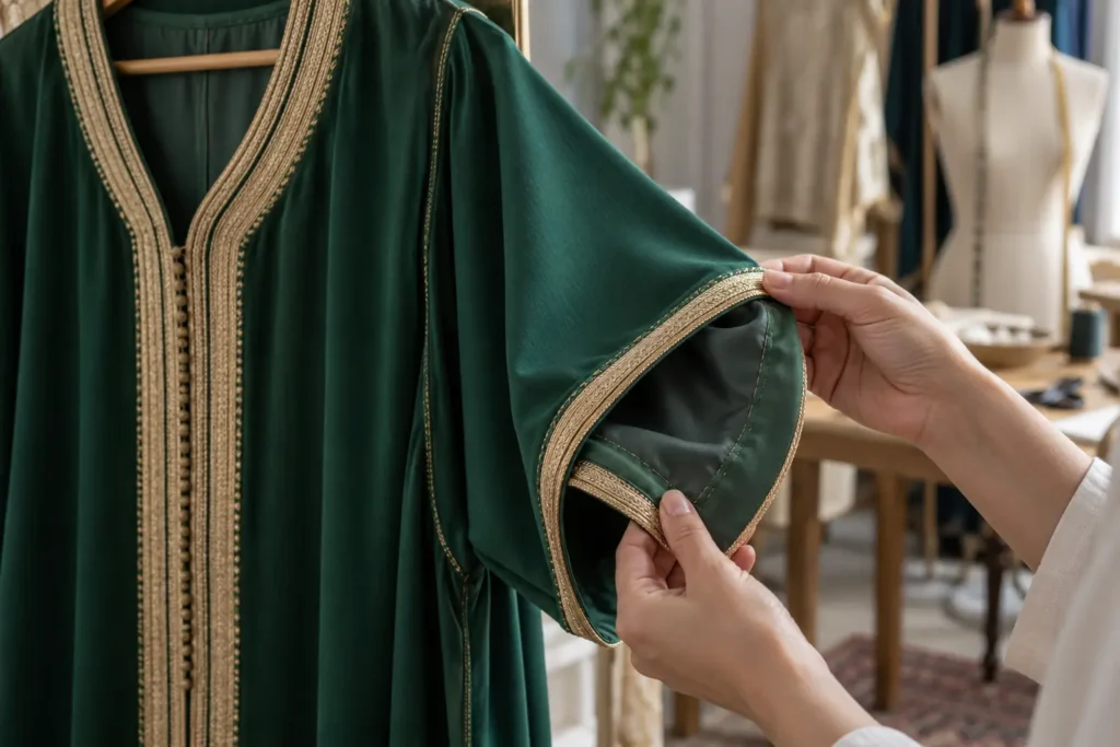 Mains examinant la couture intérieure de la manche d’un caftan