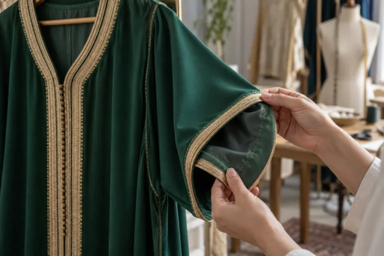 Mains examinant la couture intérieure de la manche d’un caftan
