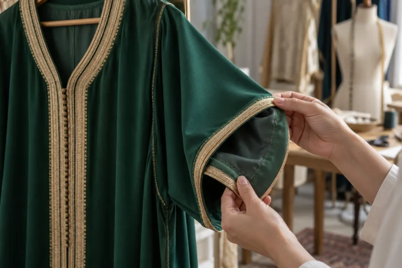 Mains examinant la couture intérieure de la manche d’un caftan